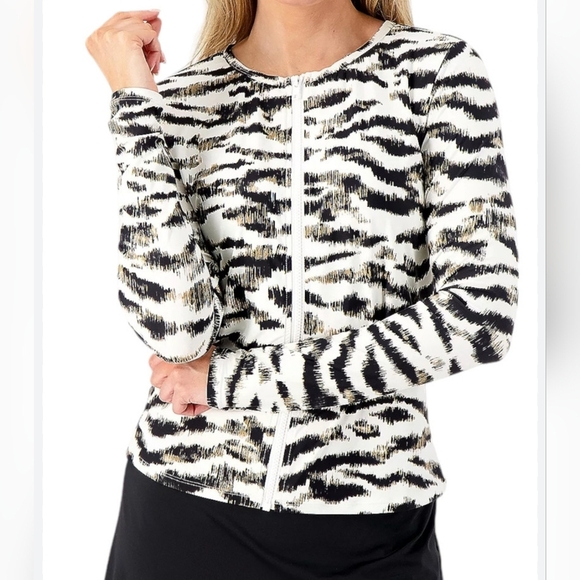 Jantzen Women's Zip Front Printed Swim Rash Guard Animal Print Zebra, Size 14 - Picture 1 of 7